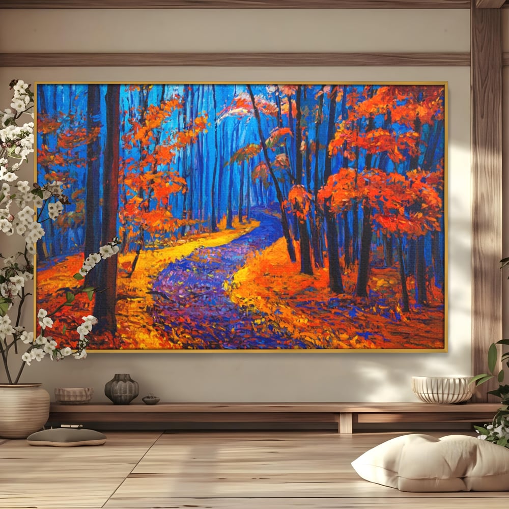 Tablou canvas cu pictura cu padure de toamna si poteca, in rama de aluminiu auriu
